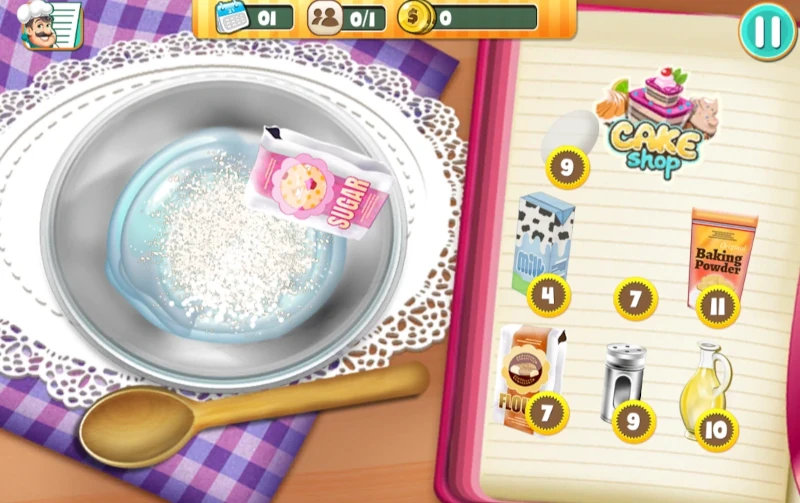 Banner for Cake Shop game featuring cake batter on the left, sugar, baking powder, milk, and flour on the right side